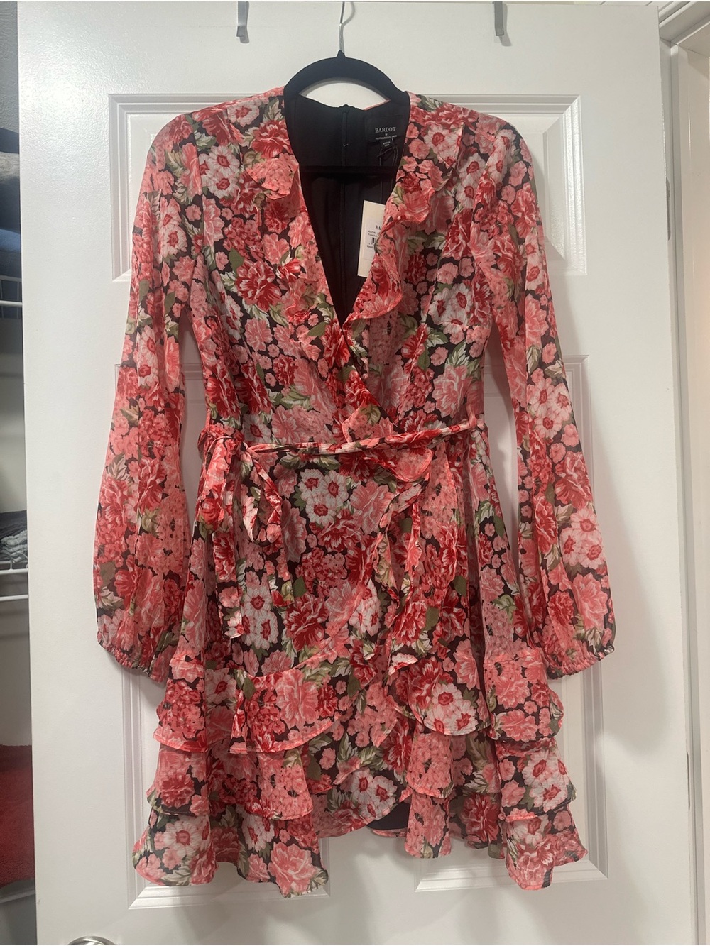 Bardot Coral Pink Floral Ruffle Wrap Mini Dress